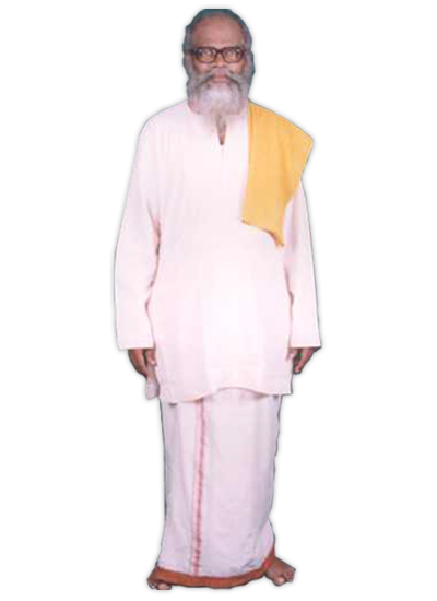 Portrait of Prof. K. G. Sami, standing, in white with a saffron shawl